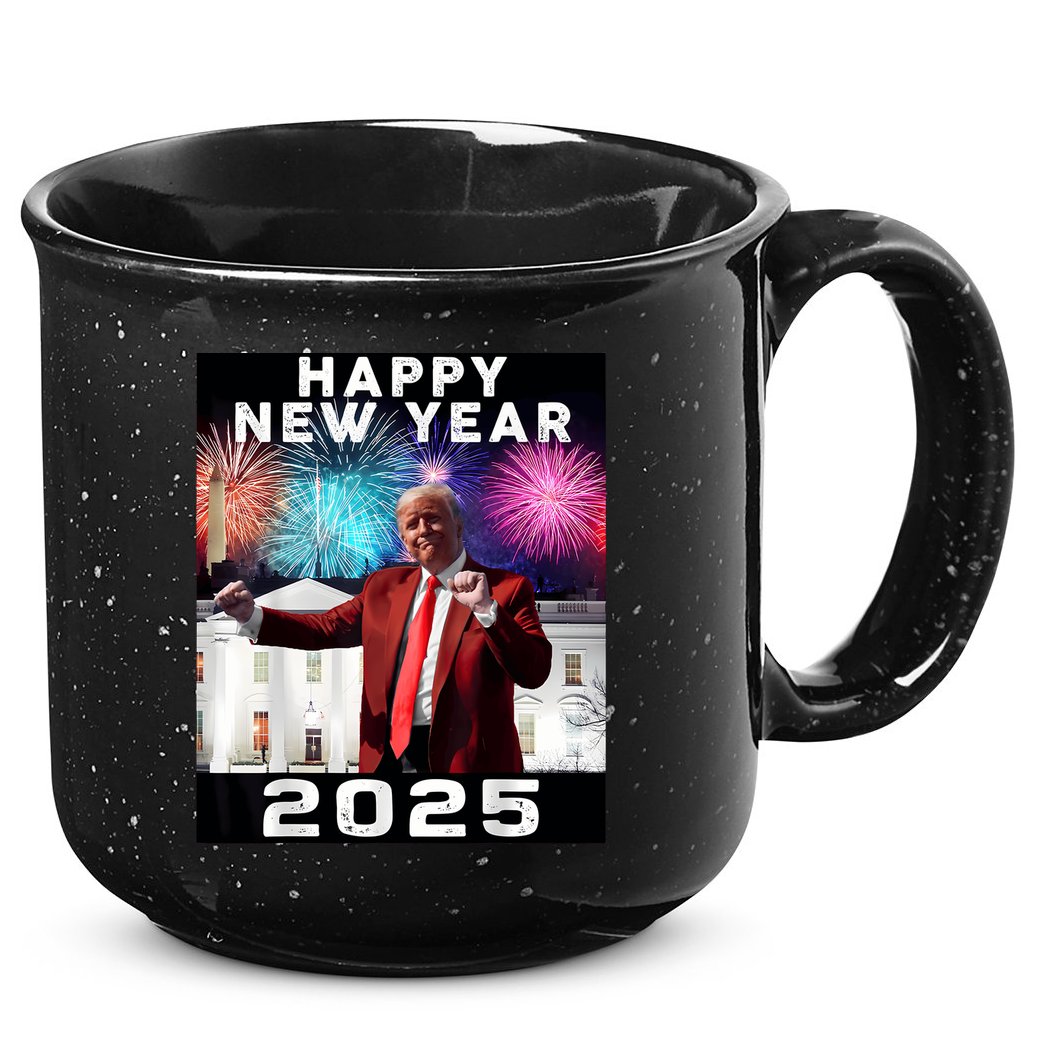Happy New Year 2025 Boy Girl Funny Trump 15oz Campfire Ceramic Mug