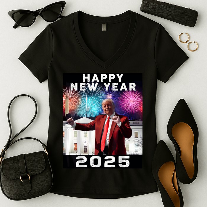 Happy New Year 2025 Boy Girl Funny Trump Women's V-Neck T-Shirt