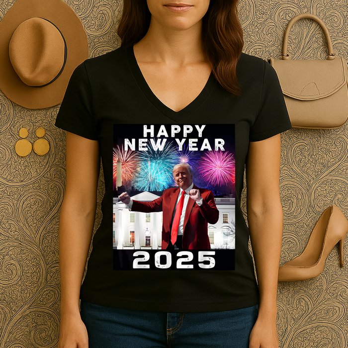 Happy New Year 2025 Boy Girl Funny Trump Women's V-Neck T-Shirt