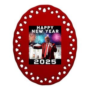 Happy New Year 2025 Boy Girl Funny Trump Ceramic Oval Ornament