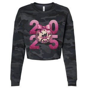 Happy New Year 2025 Disco Ball Coquette Bow Family Cropped Pullover Crew