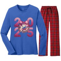 Happy New Year 2025 Disco Ball Coquette Bow Family Women's Long Sleeve Flannel Pajama Set 