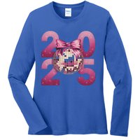 Happy New Year 2025 Disco Ball Coquette Bow Family Ladies Long Sleeve Shirt