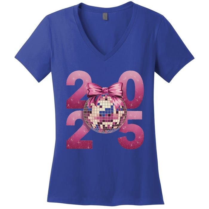 Happy New Year 2025 Disco Ball Coquette Bow Family Women's V-Neck T-Shirt