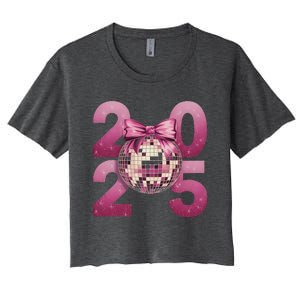 Happy New Year 2025 Disco Ball Coquette Bow Family Women's Crop Top Tee