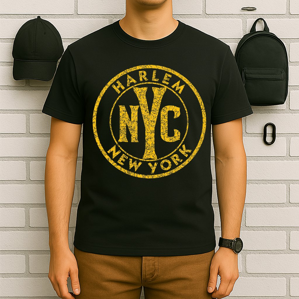 Harlem New York Nyc Circle Sign Distressed Amber Print T-Shirt