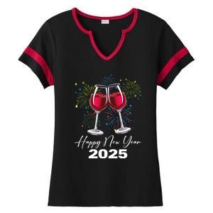 Happy New Year 2025 Wine Glass Fireworks New Years Eve Party Gift Ladies Halftime Notch Neck Tee