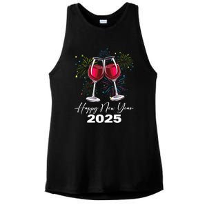 Happy New Year 2025 Wine Glass Fireworks New Years Eve Party Gift Ladies PosiCharge Tri-Blend Wicking Tank