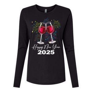 Happy New Year 2025 Wine Glass Fireworks New Years Eve Party Gift Womens Cotton Relaxed Long Sleeve T-Shirt