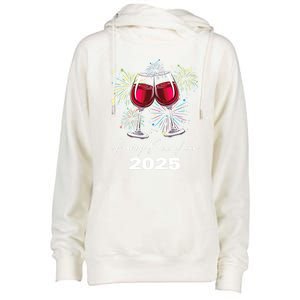 Happy New Year 2025 Wine Glass Fireworks New Years Eve Party Gift Womens Funnel Neck Pullover Hood