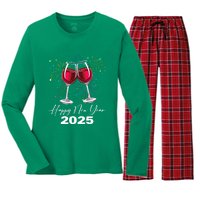 Happy New Year 2025 Wine Glass Fireworks New Years Eve Party Gift Women's Long Sleeve Flannel Pajama Set 