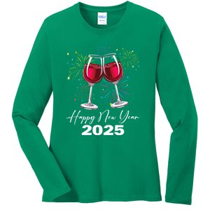 Happy New Year 2025 Wine Glass Fireworks New Years Eve Party Gift Ladies Long Sleeve Shirt