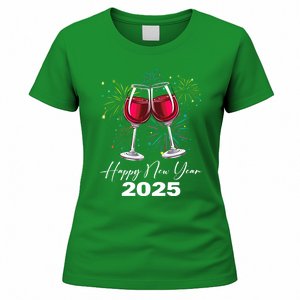 Happy New Year 2025 Wine Glass Fireworks New Years Eve Party Gift Women's T-Shirt