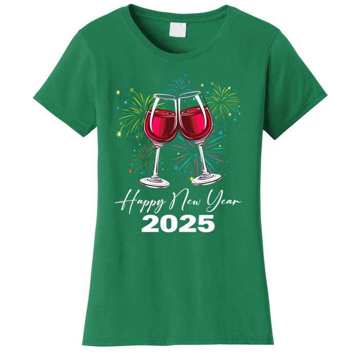 Happy New Year 2025 Wine Glass Fireworks New Years Eve Party Gift Women's T-Shirt