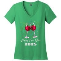 Happy New Year 2025 Wine Glass Fireworks New Years Eve Party Gift Women's V-Neck T-Shirt