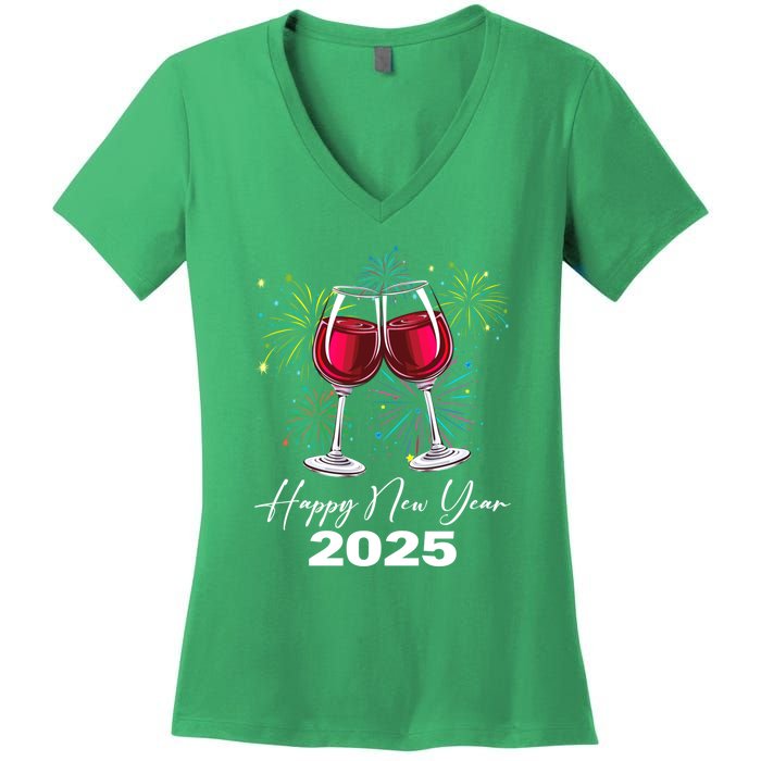 Happy New Year 2025 Wine Glass Fireworks New Years Eve Party Gift Women's V-Neck T-Shirt