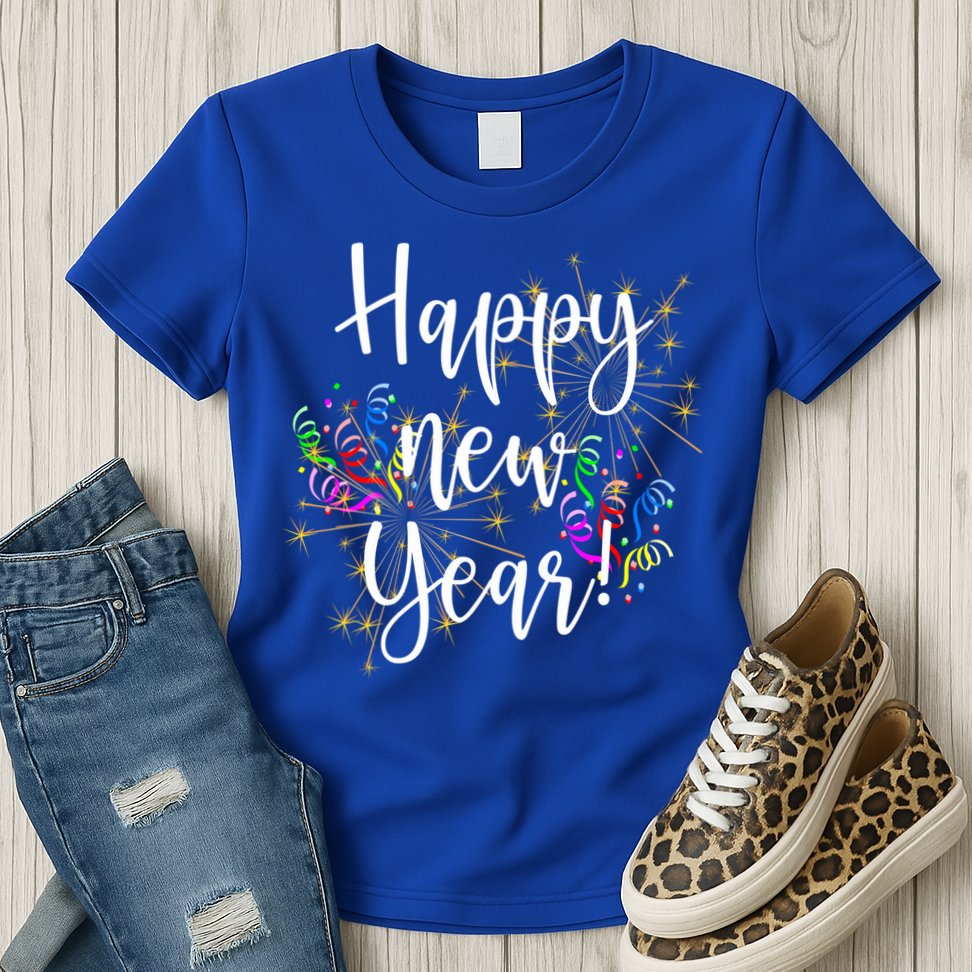 Happy New Year Day Eve Party Fireworks Confetti Costume Fun Gift Womens T-Shirt