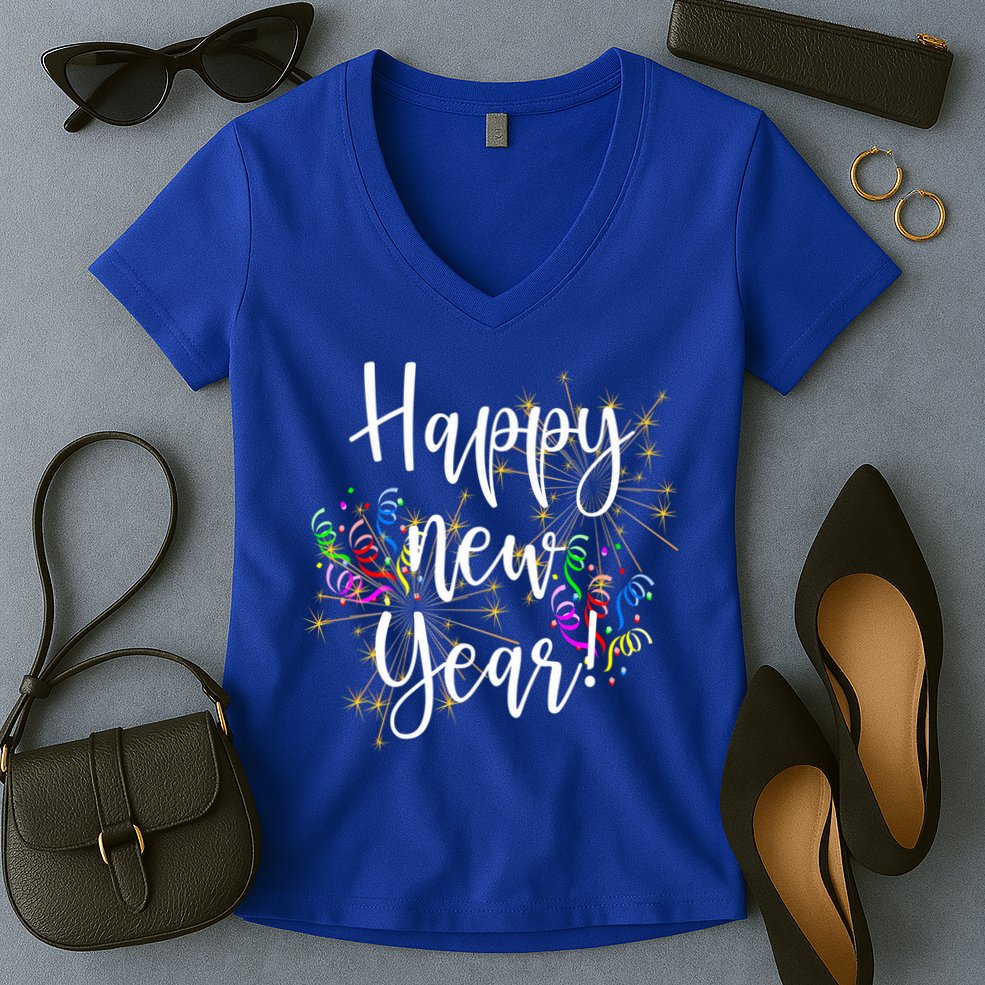 Happy New Year Day Eve Party Fireworks Confetti Costume Fun Gift Women's V-Neck T-Shirt