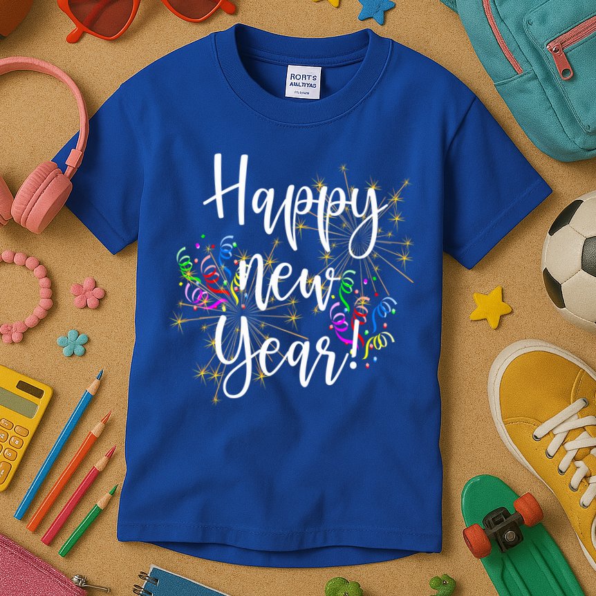 Happy New Year Day Eve Party Fireworks Confetti Costume Fun Gift Kids T-Shirt