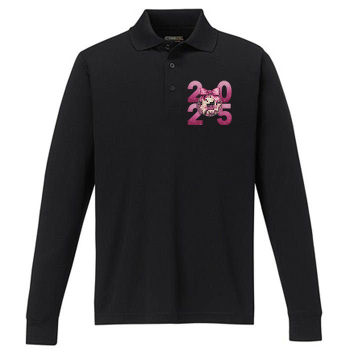 Happy New Year 2025 Disco Ball Coquette Bow Family Performance Long Sleeve Polo