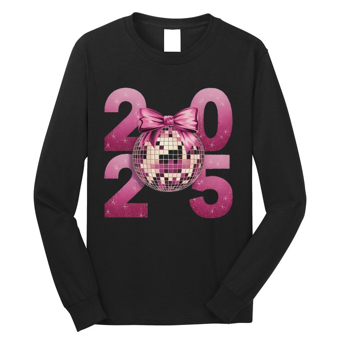 Happy New Year 2025 Disco Ball Coquette Bow Family Long Sleeve Shirt