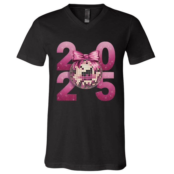 Happy New Year 2025 Disco Ball Coquette Bow Family V-Neck T-Shirt