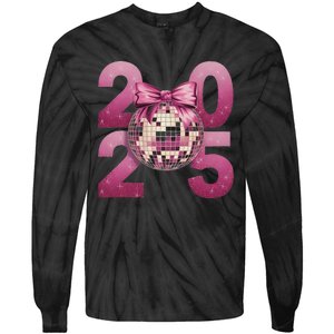 Happy New Year 2025 Disco Ball Coquette Bow Family Tie-Dye Long Sleeve Shirt