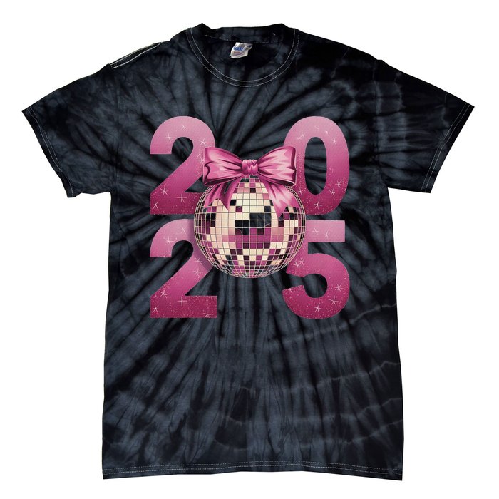 Happy New Year 2025 Disco Ball Coquette Bow Family Tie-Dye T-Shirt