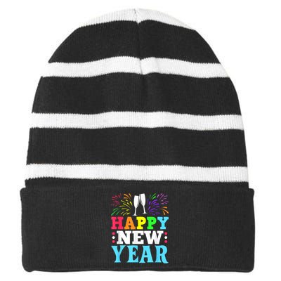 Happy New Year Striped Beanie with Solid Band