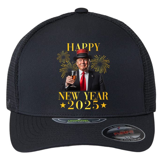 Happy New Year 2025 Funny Trump New Year New America Flexfit Unipanel Trucker Cap