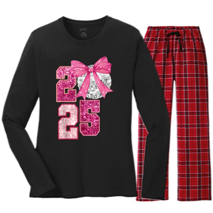 Happy New Year 2025 Disco Ball Coquette Bow Family Women's Long Sleeve Flannel Pajama Set 