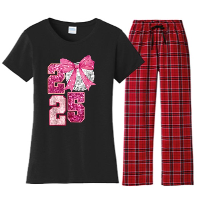 Happy New Year 2025 Disco Ball Coquette Bow Family Women's Flannel Pajama Set