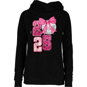 Happy New Year 2025 Disco Ball Coquette Bow Family Womens Funnel Neck Pullover Hood