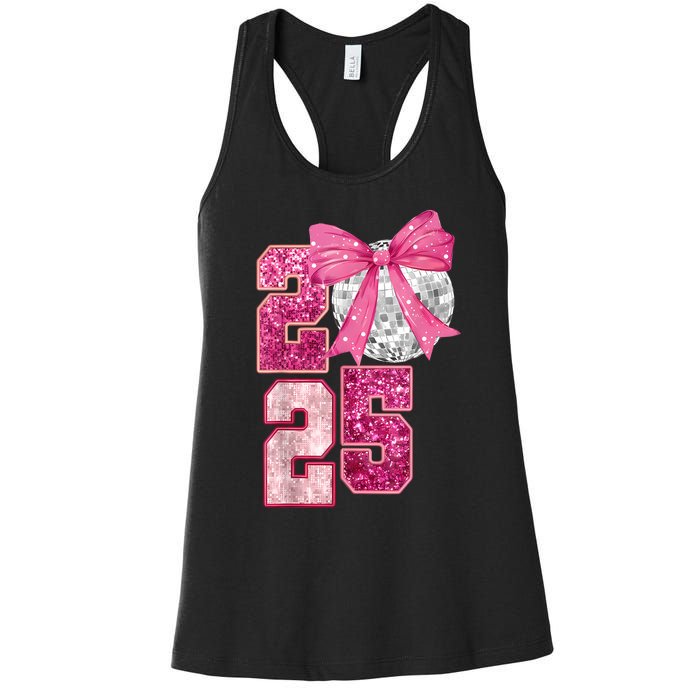 Happy New Year 2025 Disco Ball Coquette Bow Family Women's Racerback Tank