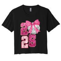 Happy New Year 2025 Disco Ball Coquette Bow Family Women's Crop Top Tee