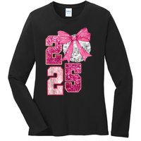 Happy New Year 2025 Disco Ball Coquette Bow Family Ladies Long Sleeve Shirt