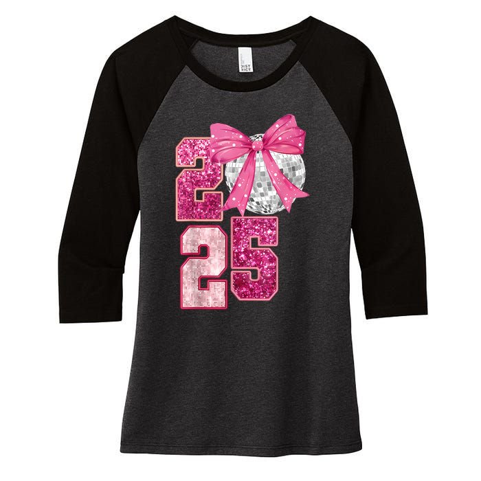 Happy New Year 2025 Disco Ball Coquette Bow Family Women's Tri-Blend 3/4-Sleeve Raglan Shirt