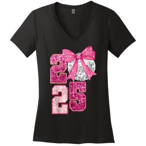 Happy New Year 2025 Disco Ball Coquette Bow Family Women's V-Neck T-Shirt