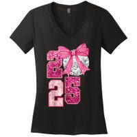 Happy New Year 2025 Disco Ball Coquette Bow Family Women's V-Neck T-Shirt