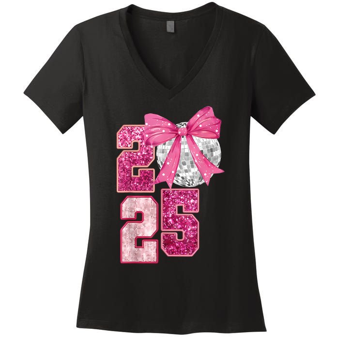 Happy New Year 2025 Disco Ball Coquette Bow Family Women's V-Neck T-Shirt