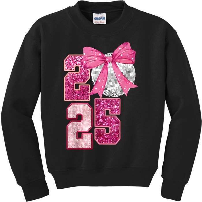 Happy New Year 2025 Disco Ball Coquette Bow Family Kids Sweatshirt