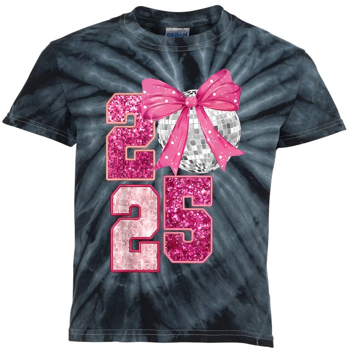 Happy New Year 2025 Disco Ball Coquette Bow Family Kids Tie-Dye T-Shirt