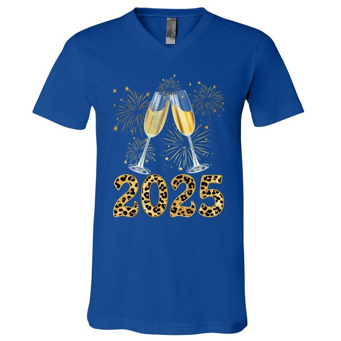 Happy New Year 2025 Champagne Fireworks New Years Eve Party Gift V-Neck T-Shirt