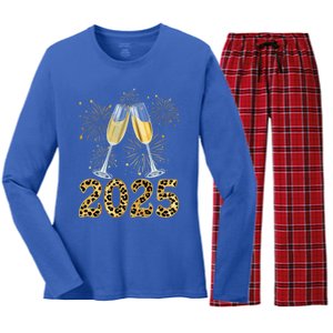 Happy New Year 2025 Champagne Fireworks New Years Eve Party Gift Women's Long Sleeve Flannel Pajama Set 