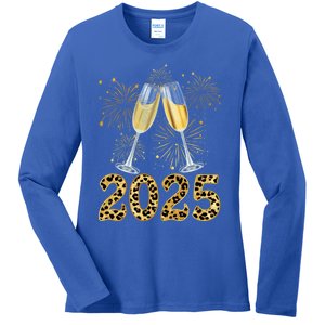 Happy New Year 2025 Champagne Fireworks New Years Eve Party Gift Ladies Long Sleeve Shirt