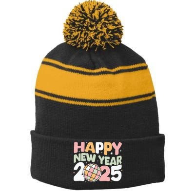 Happy New Year 2025 Holiday Stripe Pom Pom Beanie