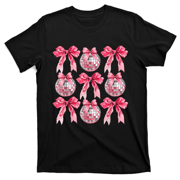 Happy New Year 2025 Disco Ball Coquette Bow Family T-Shirt