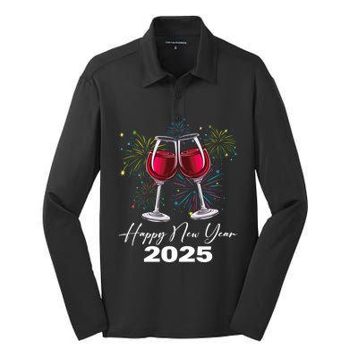 Happy New Year 2025 Wine Glass Fireworks New Years Eve Party Gift Silk Touch Performance Long Sleeve Polo