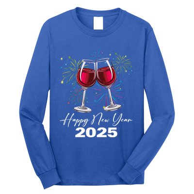 Happy New Year 2025 Wine Glass Fireworks New Years Eve Party Gift Long Sleeve Shirt