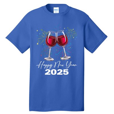 Happy New Year 2025 Wine Glass Fireworks New Years Eve Party Gift Tall T-Shirt